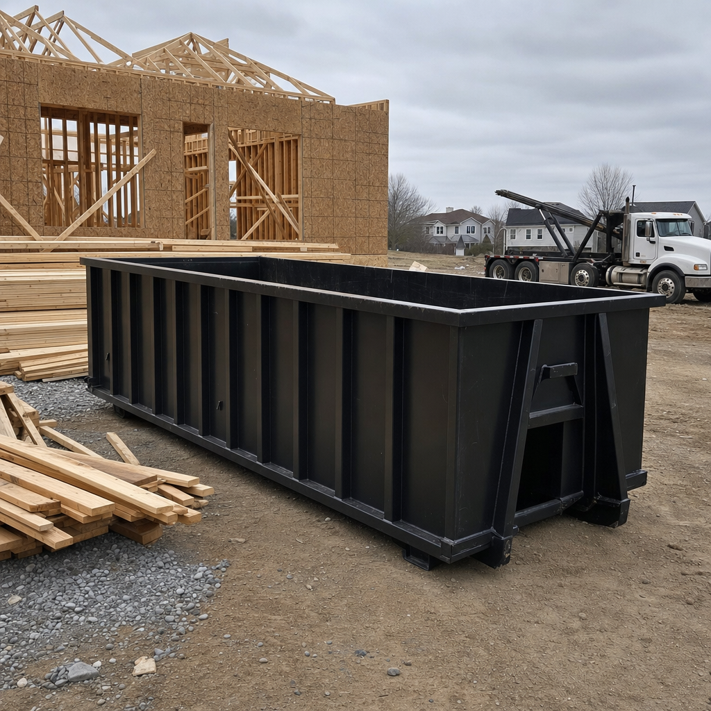 Matte-black 40-yard roll-off dumpster staged on a framed-out residential construction site in Harrisburg, framing lumber stacked nearby, hooklift delivery truck visible in the background under bright Colorado daylight