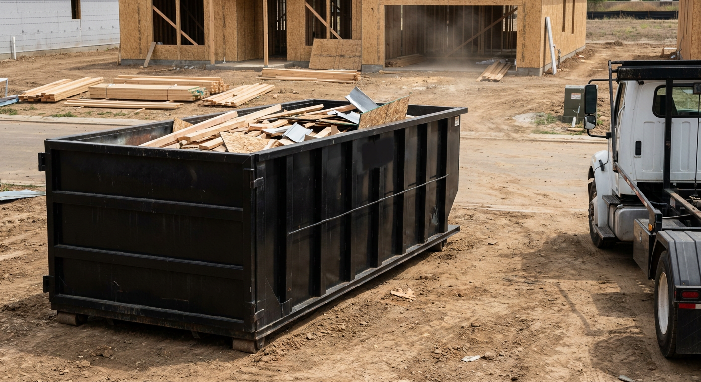 Matte-black 20-yard roll-off construction dumpster with heavy ribbed steel sidewalls and swing rear doors at a working jobsite in Harrisburg, sitting directly on compacted dirt with an unmarked white hauler partially visible at the far edge of the frame.