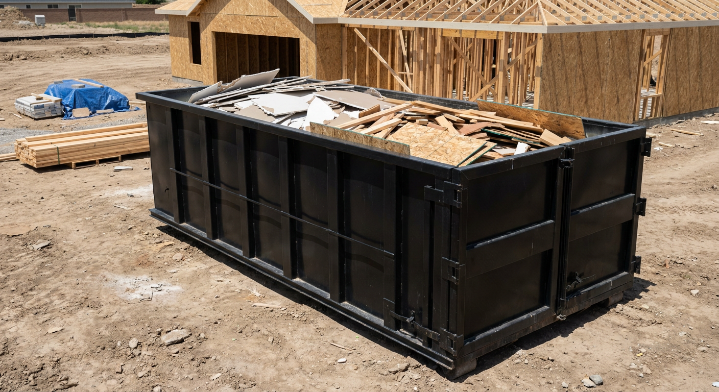 Matte-black 30-yard roll-off construction dumpster sitting directly on the compacted-dirt site of a framed single-family home build in Harrisburg, drywall and lumber scrap loaded inside.