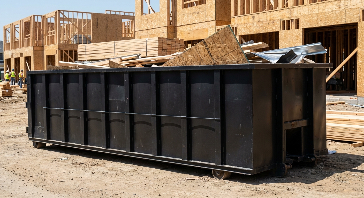 Matte-black 40-yard roll-off construction dumpster being lowered from a white-cab hooklift delivery truck onto the compacted-dirt jobsite at a commercial build site in Harrisburg