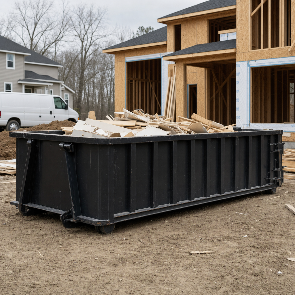 Worker in a yellow high-visibility vest tossing framing lumber and broken drywall into a matte-black 30-yard construction roll-off dumpster on an active build site in Harrisburg, bright daylight