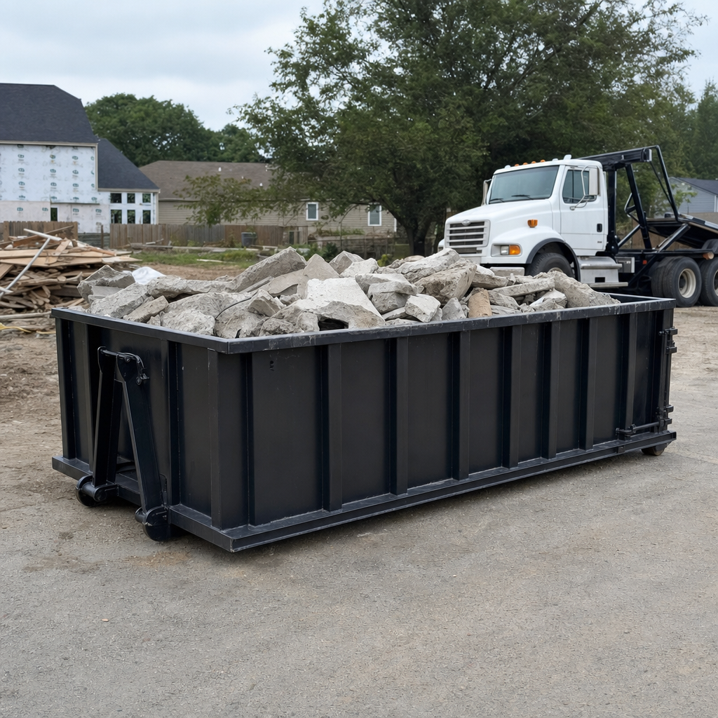 Low-profile matte-black lowboy roll-off dumpster loaded with broken concrete slab and rebar at a foundation tear-out in Harrisburg, skid steer parked beside it, sunny Colorado morning