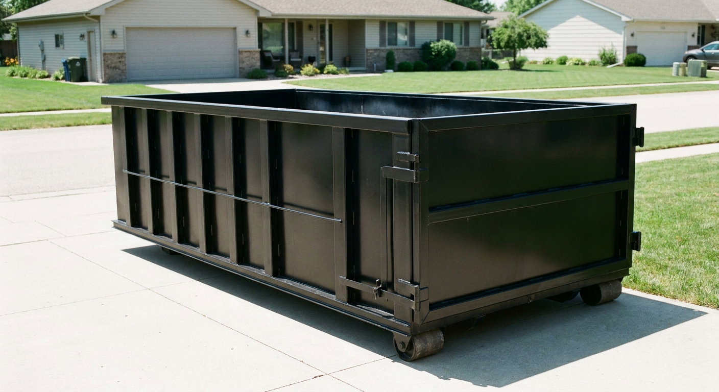 Matte-black 10-yard roll-off dumpster on a residential concrete driveway in Harrisburg, uniformly painted matte black across every panel and rail, ribbed steel sidewalls and rear swing door visible, mid-day daylight.