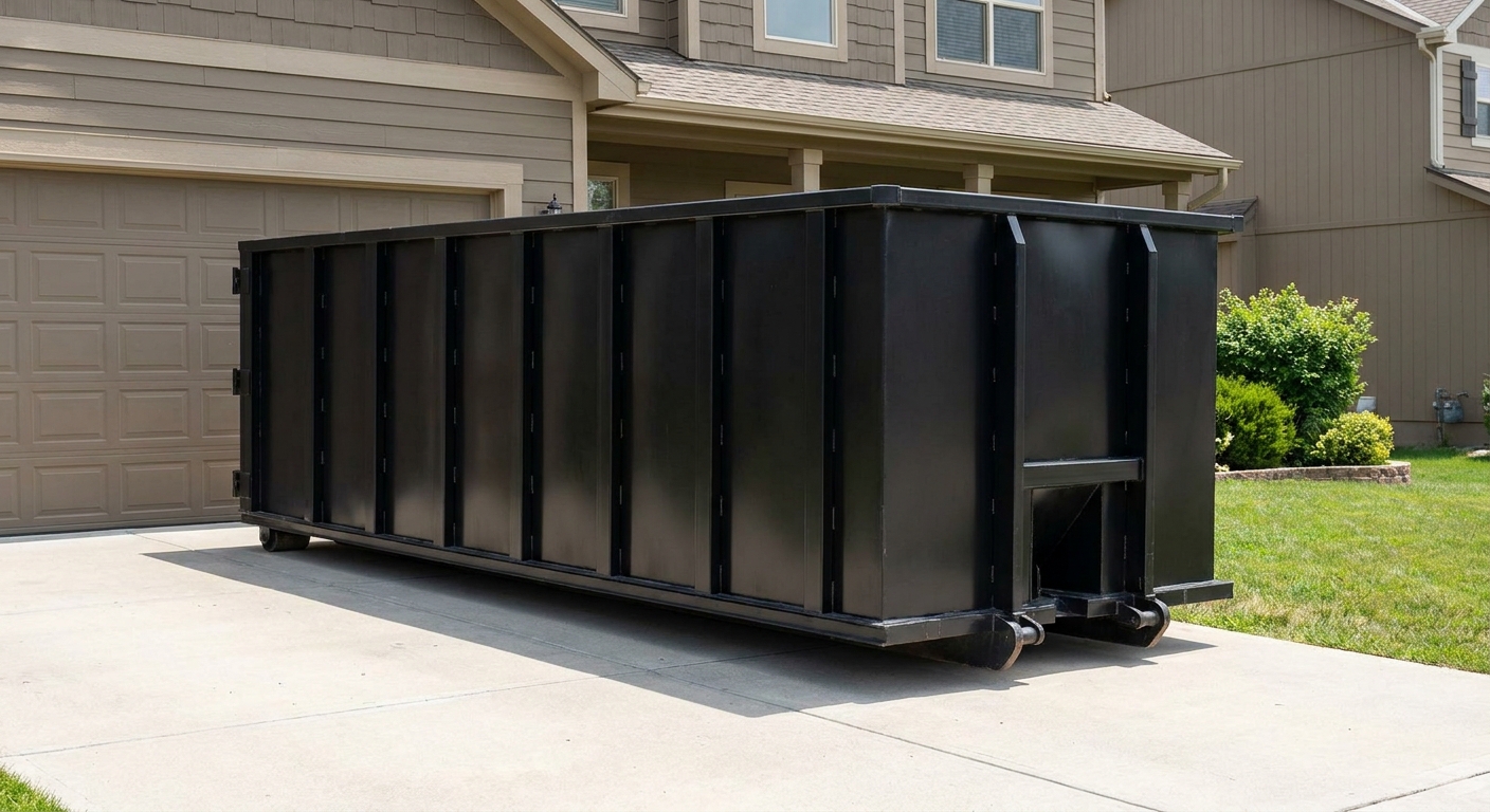 Matte-black residential roll-off dumpster sitting directly on a suburban Harrisburg concrete driveway, garage door closed, single-family home in background, bright morning daylight.