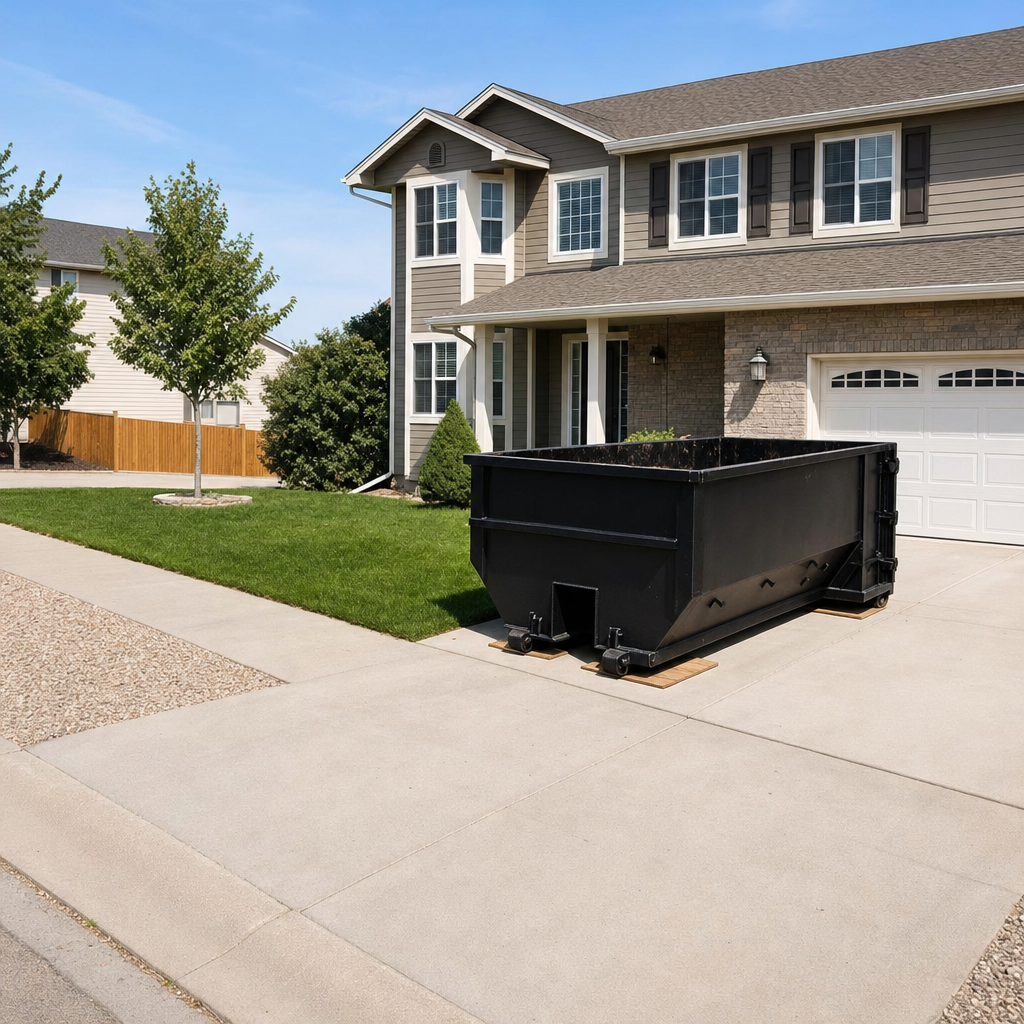 10-yard matte-black residential dumpster placed directly on a narrow Harrisburg concrete driveway, room remains for a parked sedan beside it, mid-morning natural light