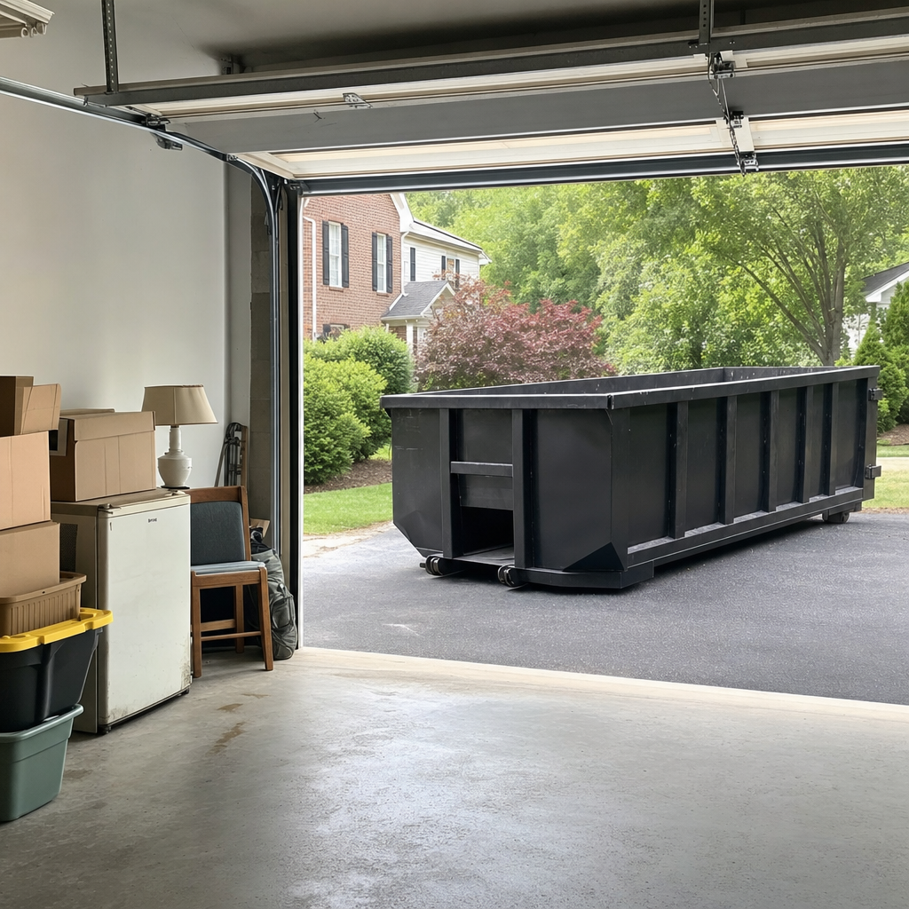 Open garage interior in a Harrisburg home mid-cleanout — boxed items, an old appliance, and stacked yard tools queued near the driveway for a matte-black roll-off dumpster, organized and calm