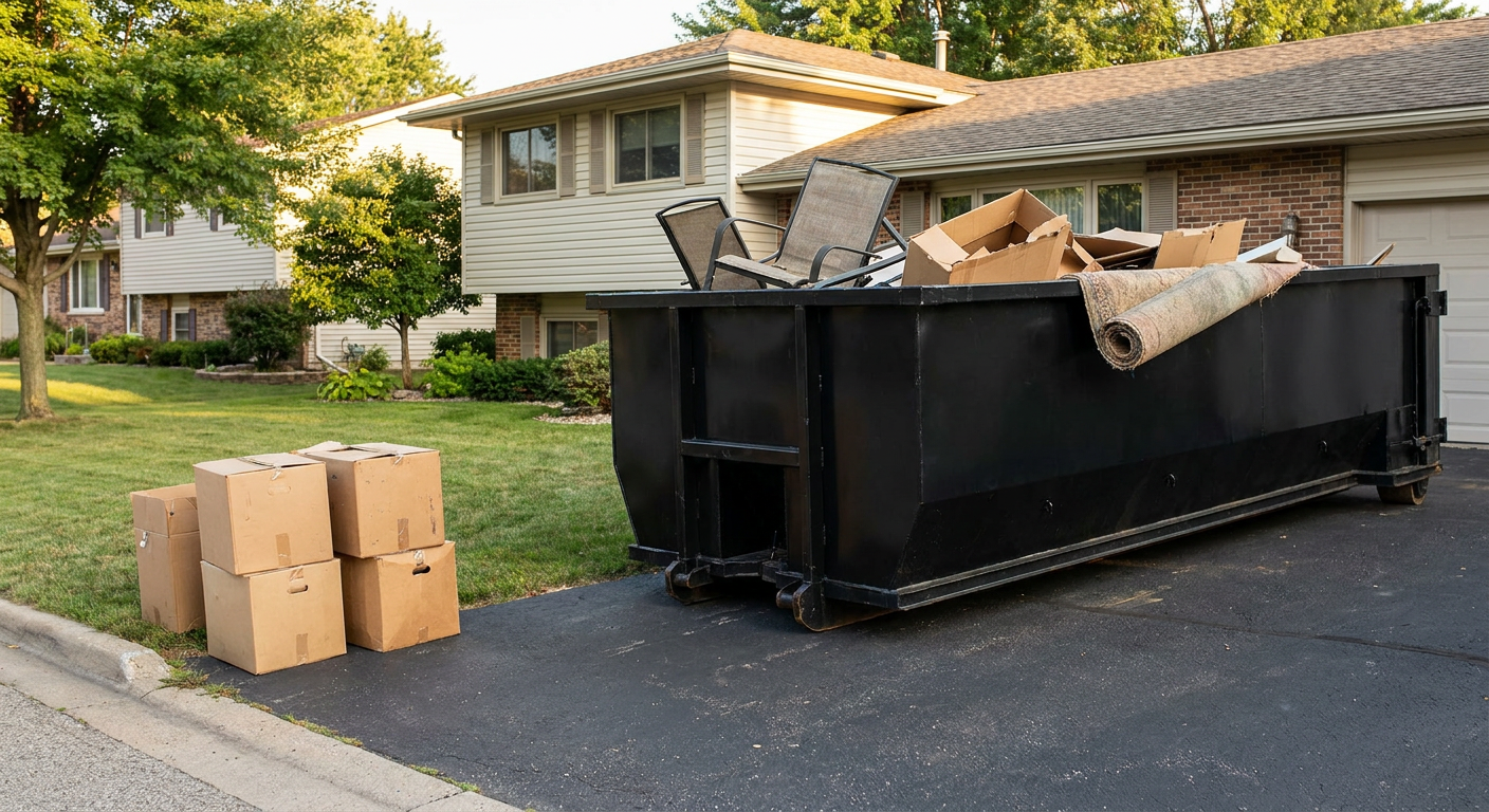 Front-yard view of a Harrisburg split-level home with a 20-yard matte-black roll-off dumpster sitting directly on the asphalt driveway, a few clearly labeled donation boxes staged at the curb, calm sunny afternoon.