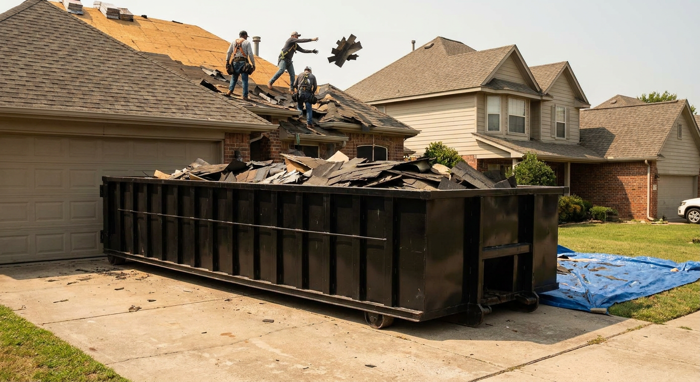 Matte-black roofing roll-off dumpster placed directly on a Harrisburg residential concrete driveway, a tear-off crew on a two-story asphalt-shingle roof tossing shingle bundles into the low-walled container, bright daylight, documentary 35mm perspective.