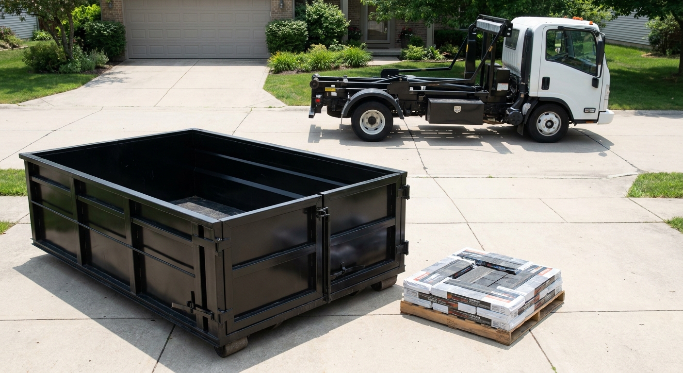 Matte-black 15-yard roofing roll-off dumpster with reinforced low side walls sitting directly on a Harrisburg residential concrete driveway, three-tab asphalt shingle bundles stacked nearby, an unmarked white hauler truck partially visible at the edge of the frame.