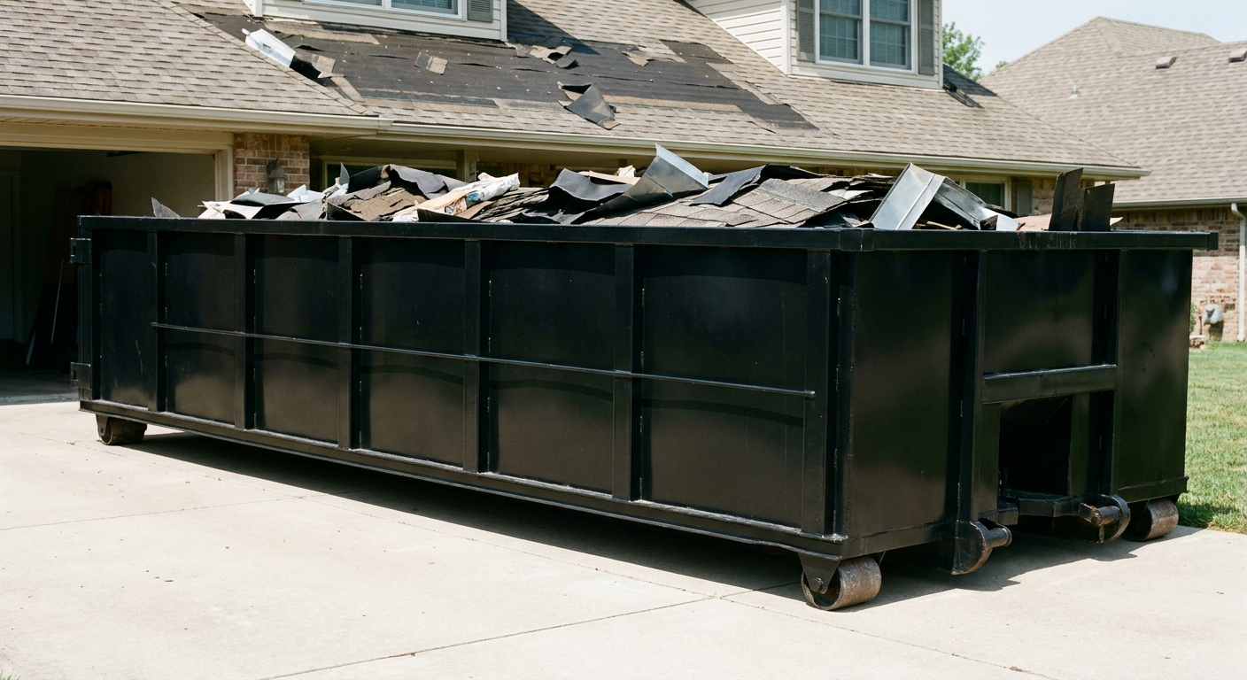 Matte-black 20-yard roofing roll-off dumpster with steel ribbed sides and swinging rear door, sitting directly on the concrete driveway of a two-story Harrisburg home, asphalt shingle debris being loaded over the low wall, clean documentary lighting.