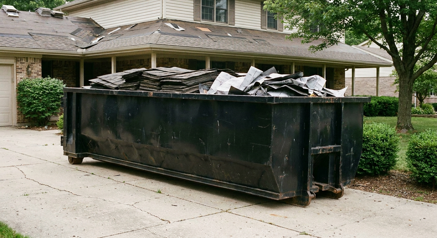 Matte-black 30-yard roofing roll-off dumpster sitting directly on a Harrisburg concrete driveway, taller ribbed steel side panels, mixed tear-off debris of asphalt shingles and underlayment inside, professional documentary daylight.