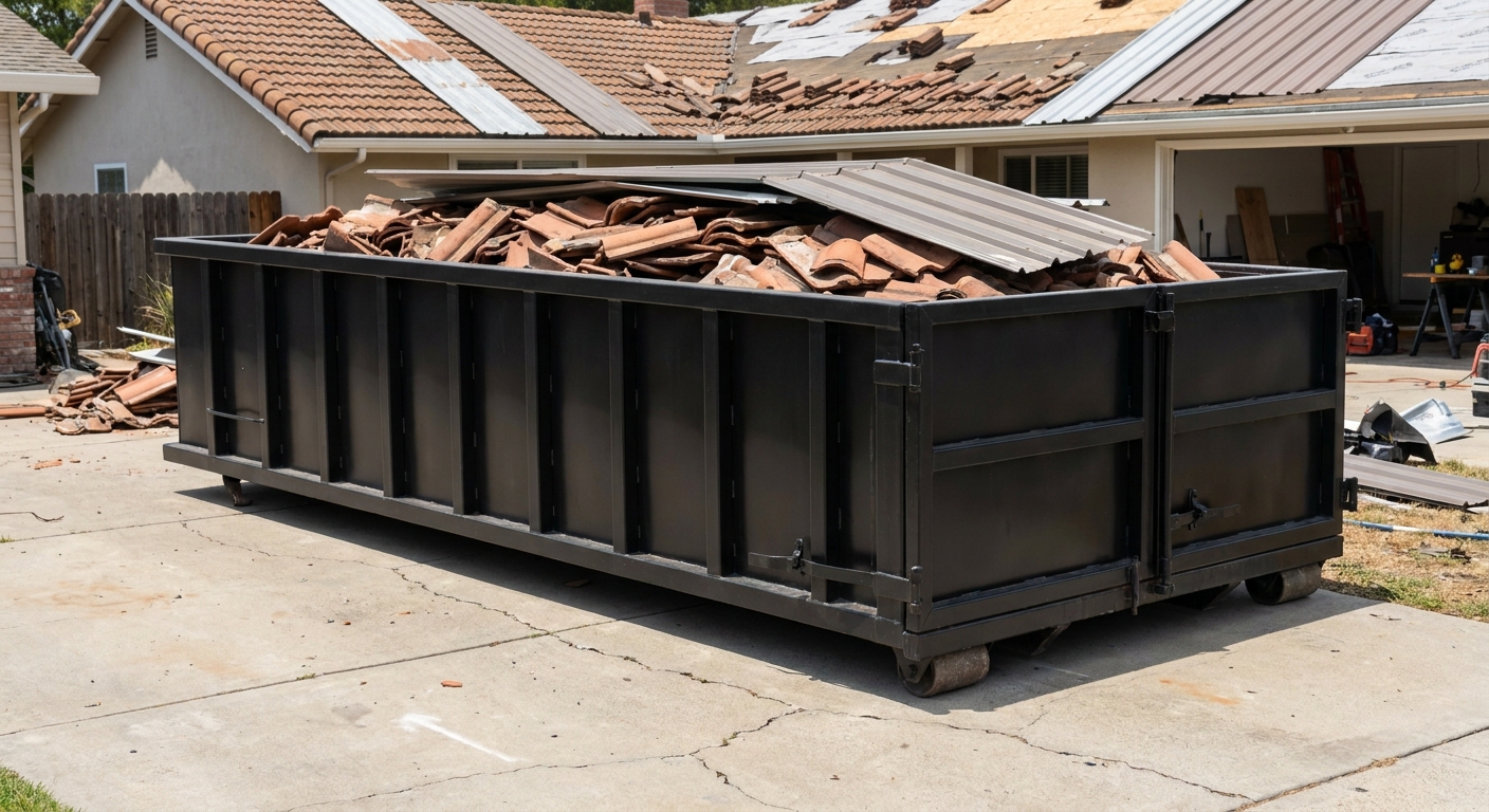 Matte-black low-wall heavy-debris roofing roll-off dumpster sitting directly on a Harrisburg concrete driveway, broken concrete clay roof tiles and metal panel sections loaded inside, reinforced ribbed steel side walls visible, bright outdoor daylight.