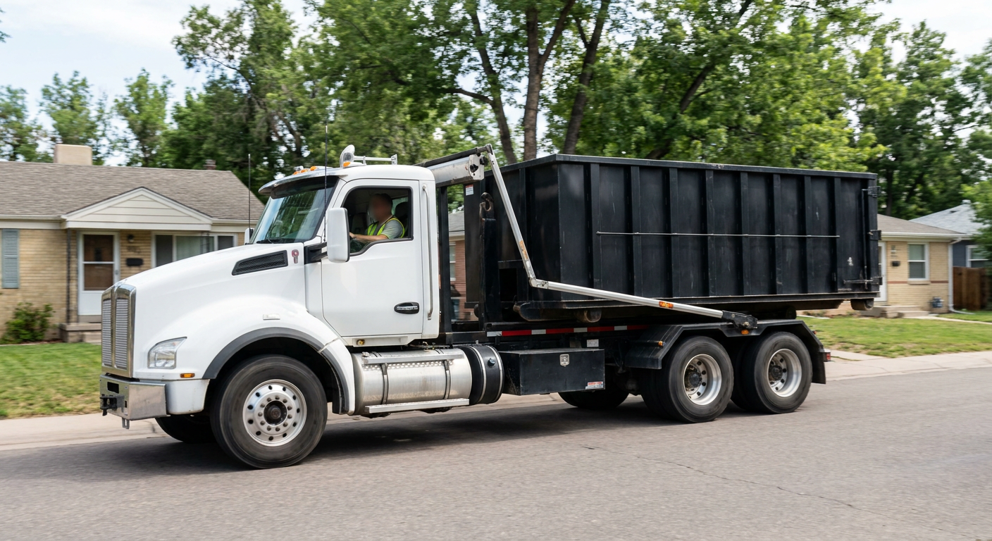 A wide documentary shot of a matte-black roll-off delivery truck pulling onto a quiet Harrisburg residential street at mid-morning, with neighborhood rooftops and tree-lined blocks visible behind, showing the metro coverage footprint.