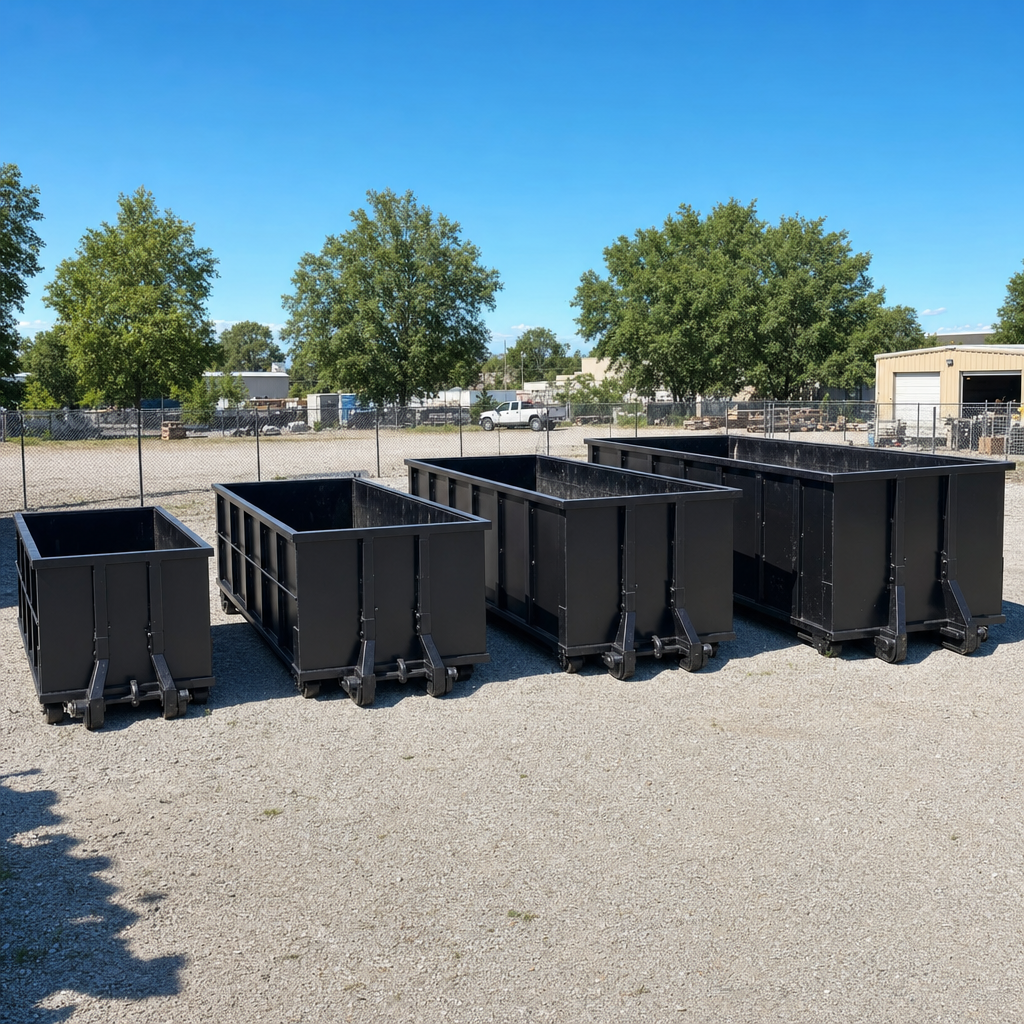 A clean lineup of matte-black roll-off dumpsters in 10, 20, 30, and 40-yard sizes staged on a sunlit gravel yard in Harrisburg, showing the size progression from compact to commercial-scale containers.
