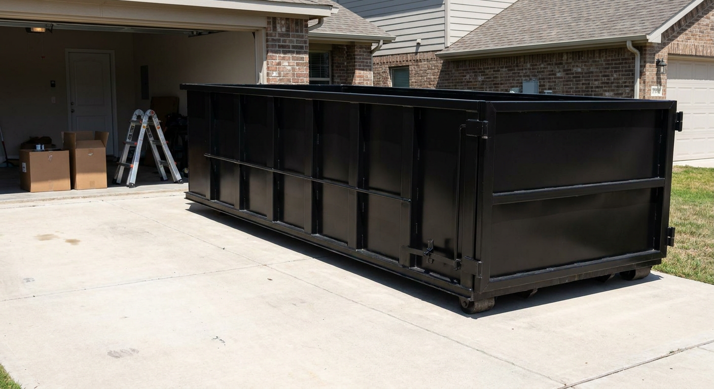 A matte-black 10-yard roll-off dumpster sitting directly on a residential Harrisburg concrete driveway, mid-day sunlight, clean and ready for a garage cleanout.