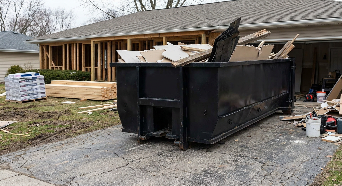 A matte-black 20-yard roll-off dumpster placed alongside a mid-renovation Harrisburg home directly on the asphalt driveway, with framing materials and torn-off shingles staged neatly nearby.