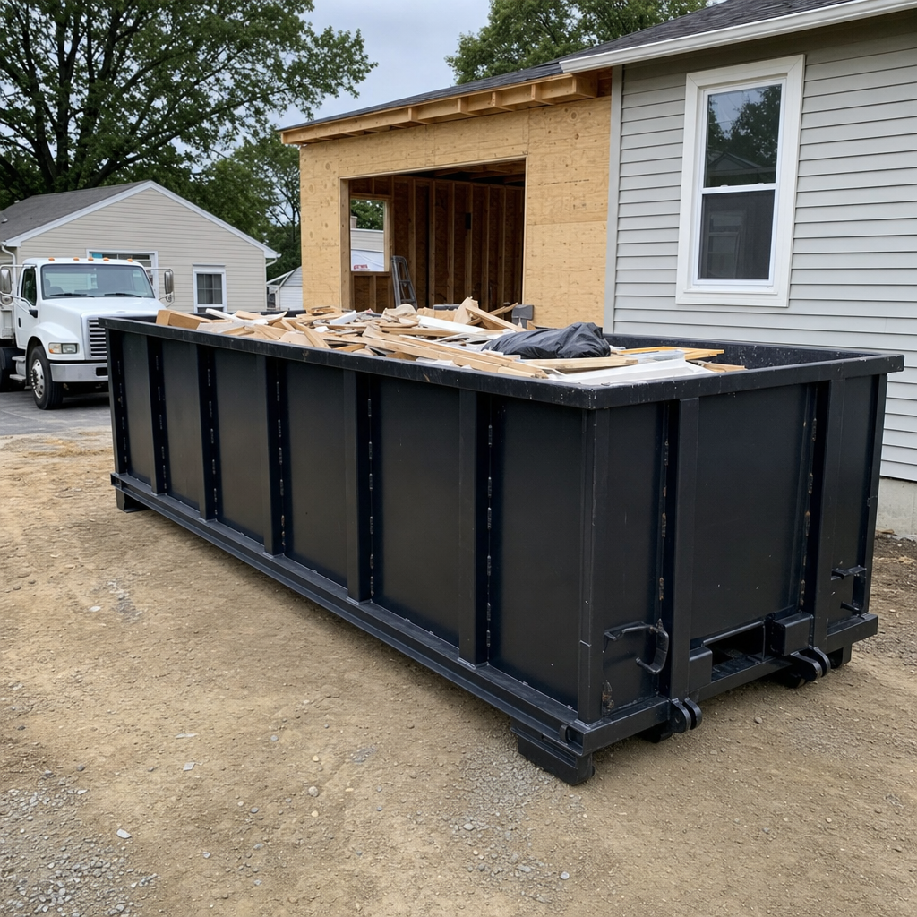 A matte-black 30-yard roll-off dumpster positioned at a Harrisburg residential addition jobsite, with framing lumber and drywall scraps loaded through the open swinging rear doors.
