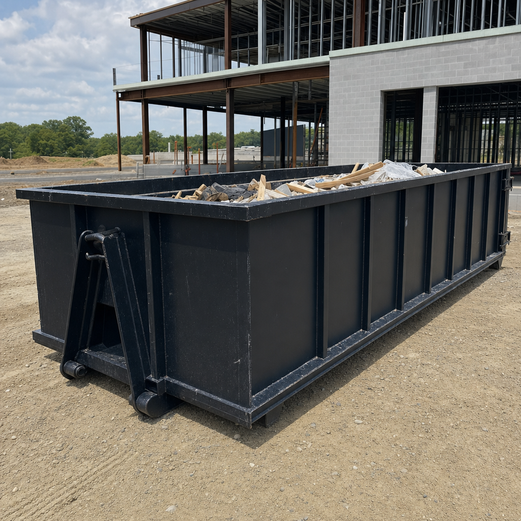 A matte-black 40-yard roll-off dumpster staged on a large Harrisburg commercial construction lot, with a hooklift delivery truck parked alongside under bright midday sky.