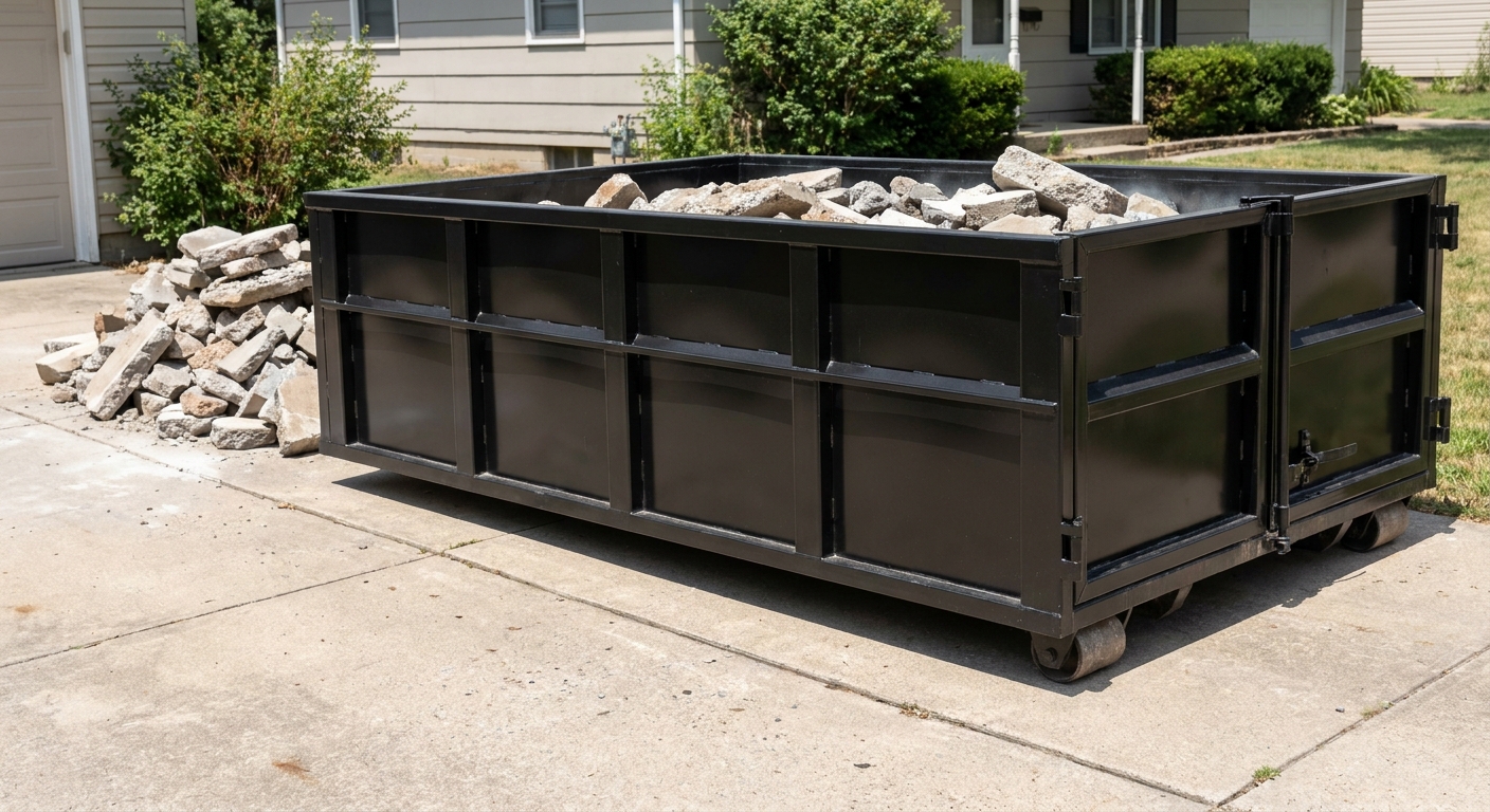 A matte-black low-side heavy-debris roll-off dumpster placed directly on a Harrisburg concrete driveway, with broken concrete chunks neatly stacked beside it under clean daylight.